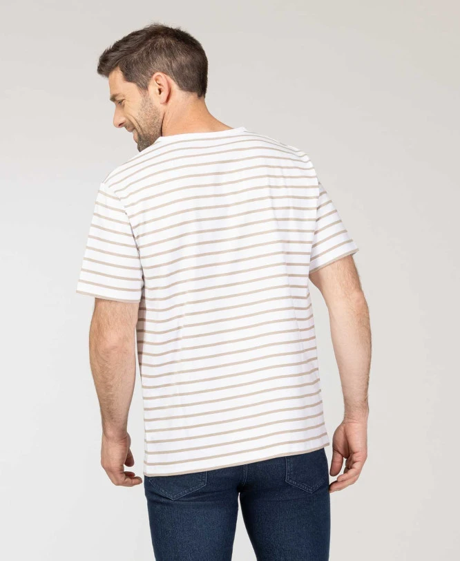 Marinière Homme Manches Courtes Fond Blanc Rayé Beige 4 Marinière Homme Manches Courtes Fond Blanc Rayé Beige – Image 2