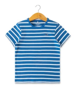 Marinière Garçon Manches Courtes Fond Bleu Rayé Blanc