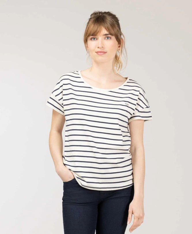 Marinière Manches Courtes Fond Grège Rayé Bleu Marine Femme 3 Marinière Manches Courtes Fond Grège Rayé Bleu Marine Femme