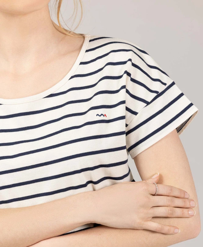 Marinière Manches Courtes Fond Grège Rayé Bleu Marine Femme 5 Marinière Manches Courtes Fond Grège Rayé Bleu Marine Femme – Image 3