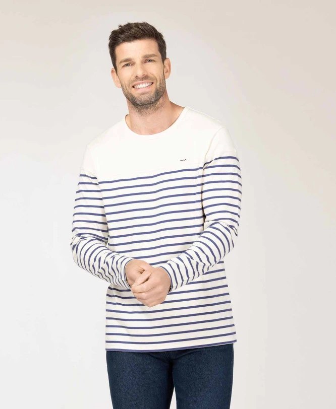 Marinière Homme Fond Grège Rayé Bleu 3 Marinière Homme Fond Grège Rayé Bleu