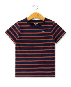 Marinière Manches Courtes Garçon Fond Bleu Marine Rayé Terracota
