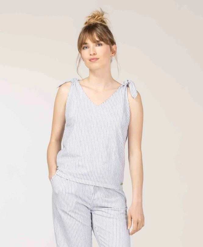 Débardeur Femme Bretelles Nouées Rayé Bleu 4 Débardeur Femme Bretelles Nouées Rayé Bleu – Image 2