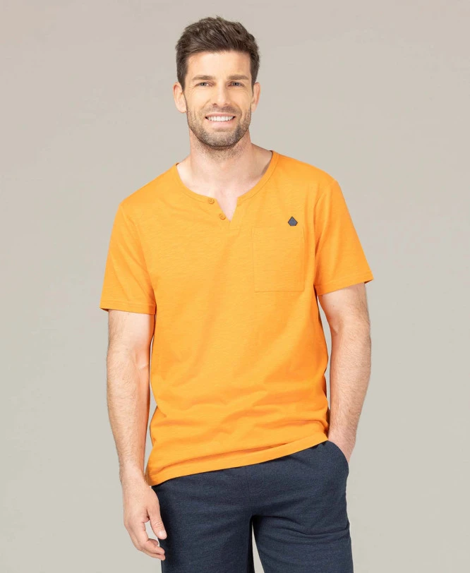 Tee-shirt Col Tunisien Orange Clair Homme 3 Tee-shirt Col Tunisien Orange Clair Homme