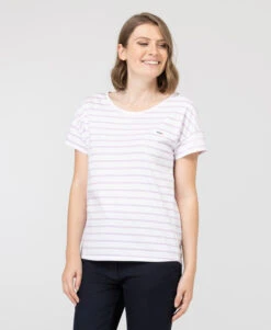 Marinière Manches Courtes Fond Blanc Rayé Violet Femme