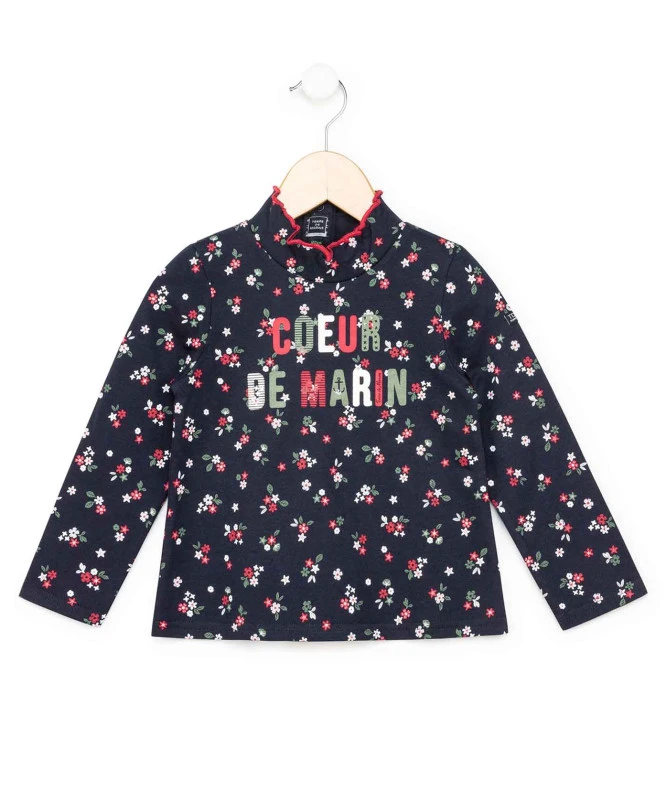 T-shirt Manches Longues Fille Fond Bleu Marine Avec Imprimé 3 T-shirt Manches Longues Fille Fond Bleu Marine Avec Imprimé