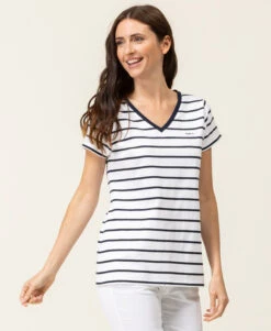 Marinière Manches Courtes Femme Fond Blanc Rayé Bleu Marine