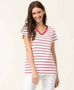 Marinière Manches Courtes Femme Fond Blanc Rayé Rouge