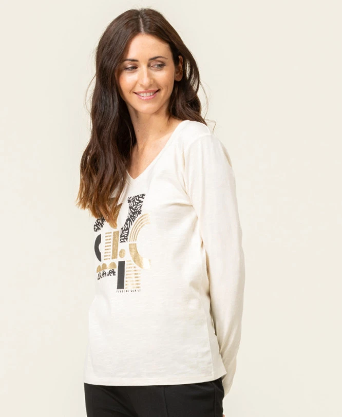 T-shirt Manches Longues Col V Imprimé Doré 3 T-shirt Manches Longues Col V Imprimé Doré
