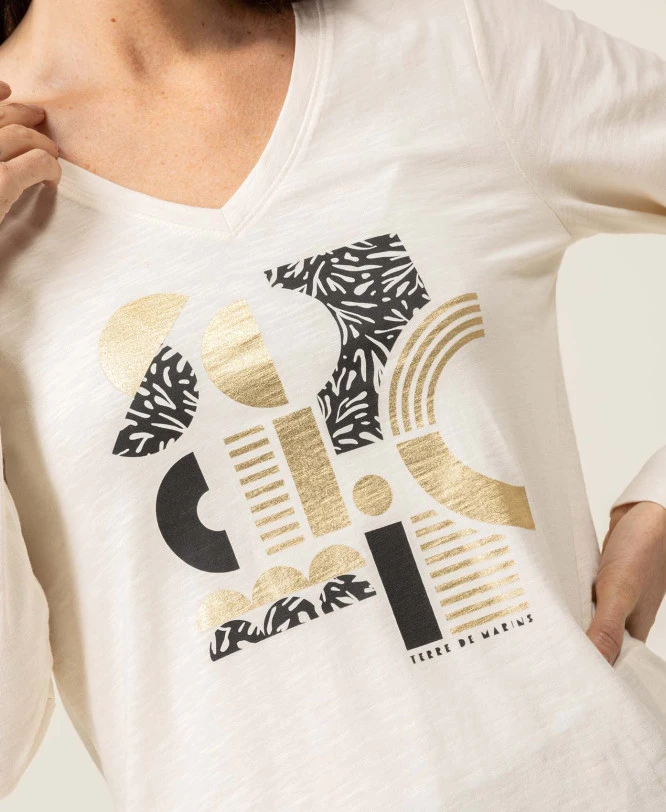 T-shirt Manches Longues Col V Imprimé Doré 5 T-shirt Manches Longues Col V Imprimé Doré – Image 3