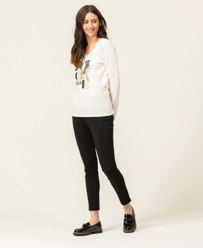 T-shirt Manches Longues Col V Imprimé Doré 6 T-shirt Manches Longues Col V Imprimé Doré – Image 4