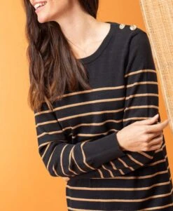 Robe Pull Femme Rayé Noir/camel -Terre De Marins prod 8042 robe ml fond noir raye camel roche 666x812 fc7ea0111e0b