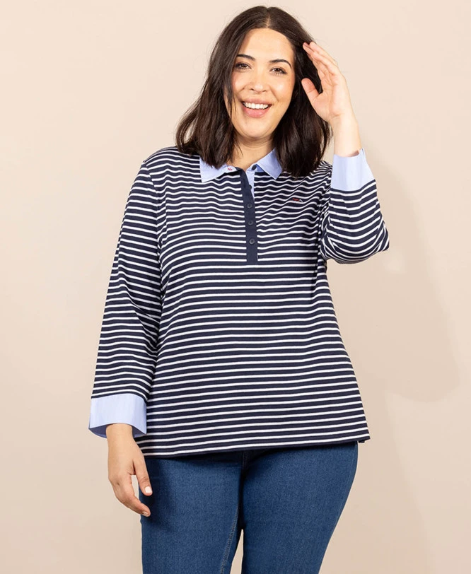 Polo Rayé Manches Longues Bleu Marine Femme 3 Polo Rayé Manches Longues Bleu Marine Femme