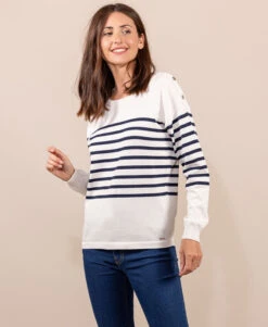 Pull Marin Femme Fond Grège Rayé Bleu Marine