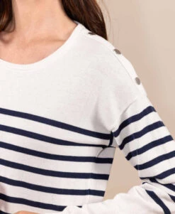Pull Marin Femme Fond Grège Rayé Bleu Marine -Terre De Marins prod 9408 pull fond grege raye indigo hicha2 666x812 fc7ea0111e0b