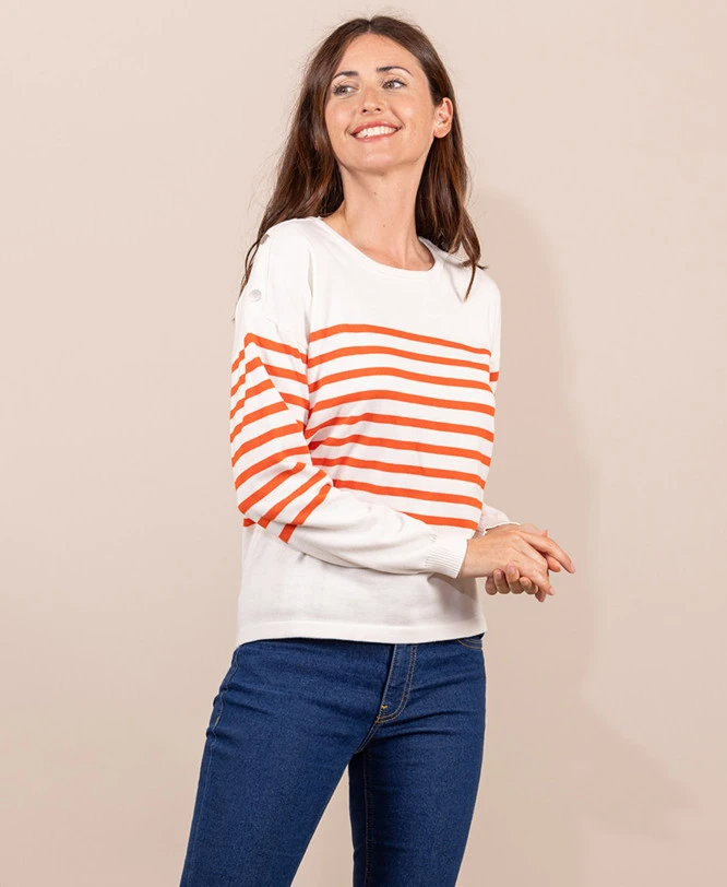 Pull Marin Femme Fond Grège Rayé Orange 3 Pull Marin Femme Fond Grège Rayé Orange