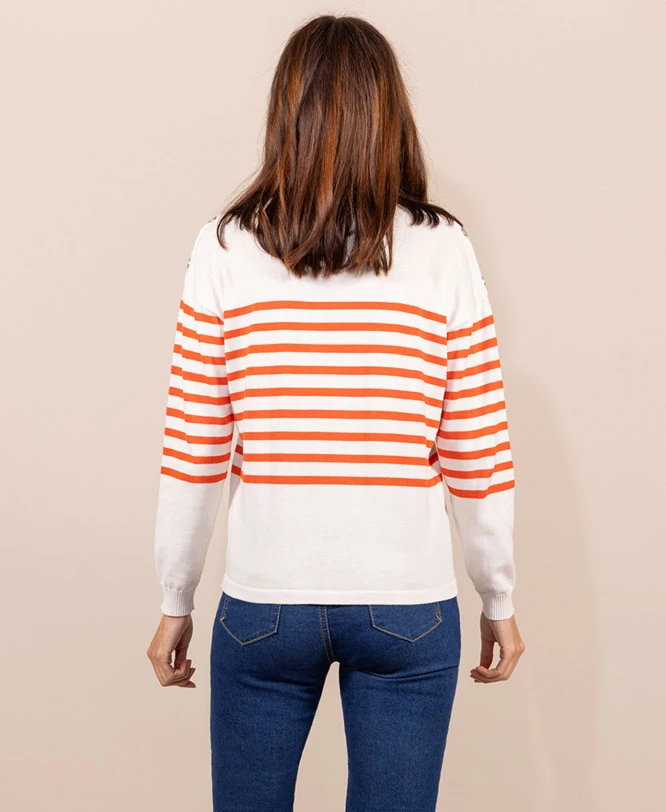 Pull Marin Femme Fond Grège Rayé Orange 4 Pull Marin Femme Fond Grège Rayé Orange – Image 2