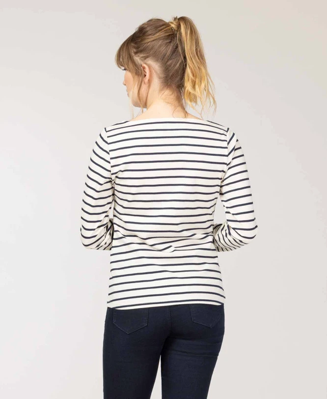 Marinière Femme Fond Grège Rayé Bleu Marine 5 Marinière Femme Fond Grège Rayé Bleu Marine – Image 3