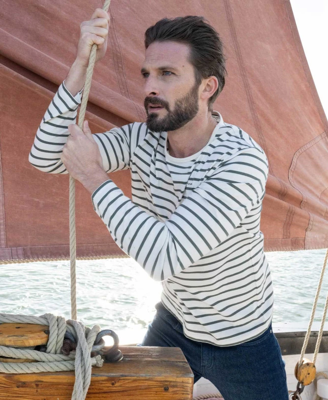 Marinière Homme Fond Grège Rayé Kaki 3 Marinière Homme Fond Grège Rayé Kaki