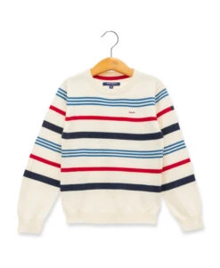 Pull Rayé Garçon Fond Blanc Rayé Rouge Et Bleu